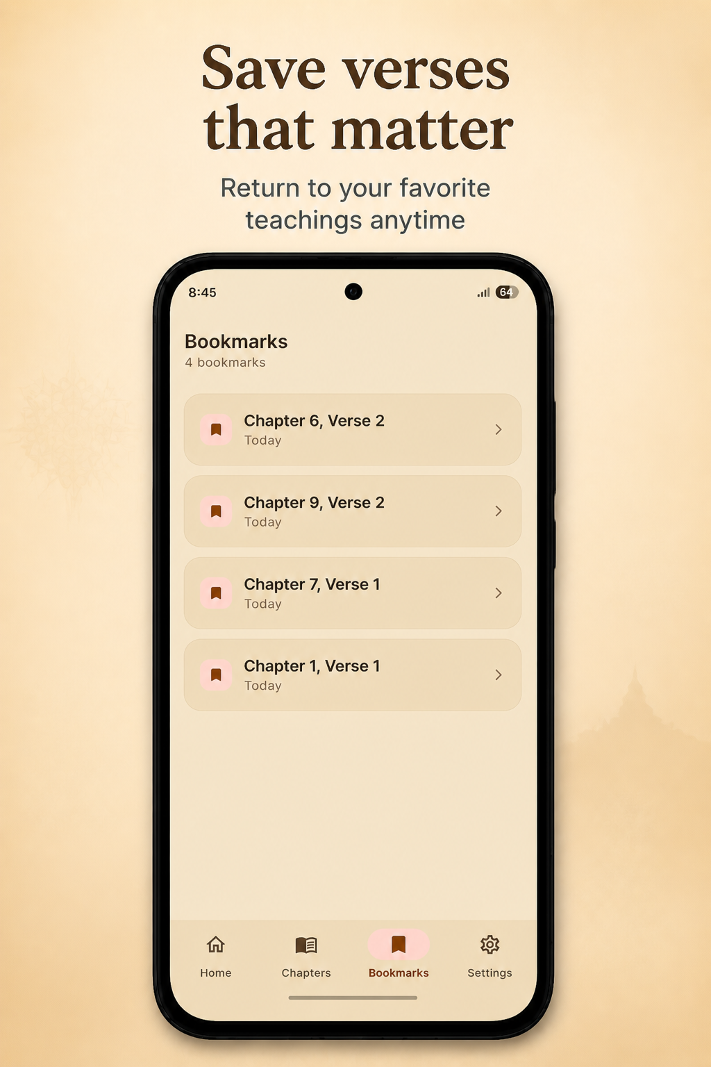 Bookmarks screen preview